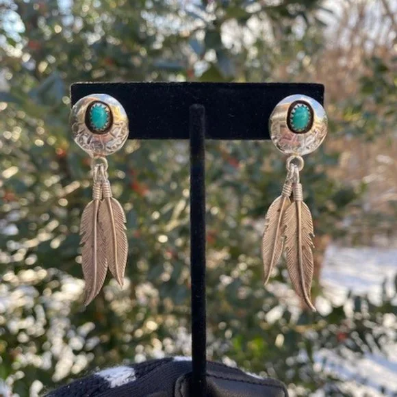 VTG Fred Weekoty Zuni Sterling Turquoise Feather EARRINGS - Picture 1 of 8